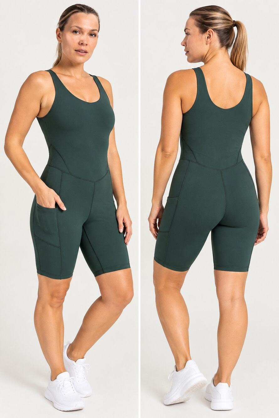Rae Mode Dark Green Athletic Biker Romper with Pockets – Size XL